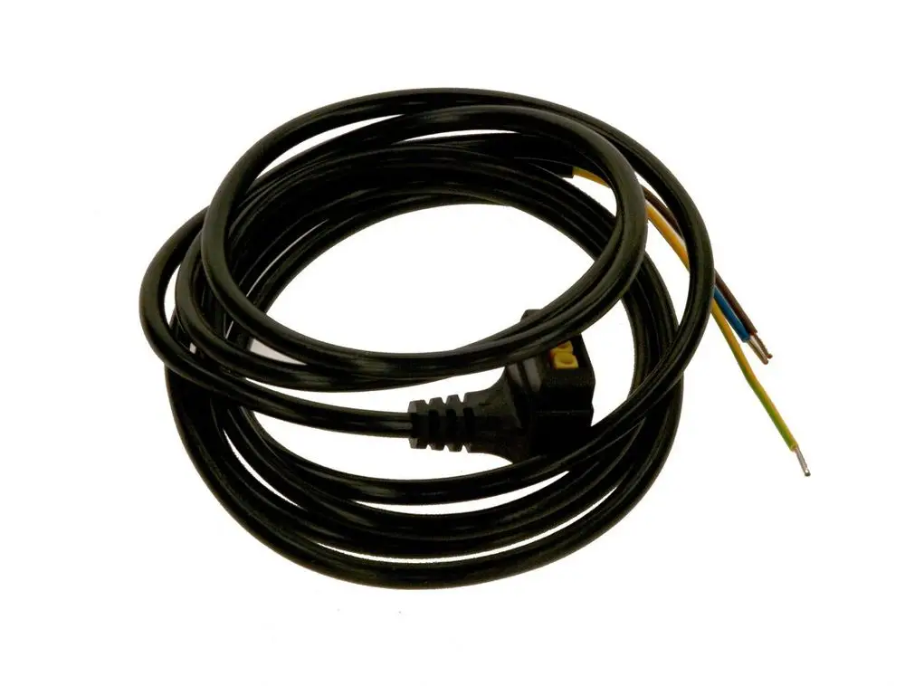Schwarzes Kabel von Bosch, aufgewickelt, mit einem Stecker und drei freiliegenden Drähten in verschiedenen Farben.